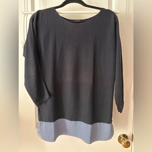 Ann Taylor Navy Blue Blouse with Striped Hem